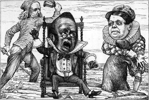 The Banker with a black face sitting on a chair, next the him the excited Bellman and the pair of Butcher and Beaver.
