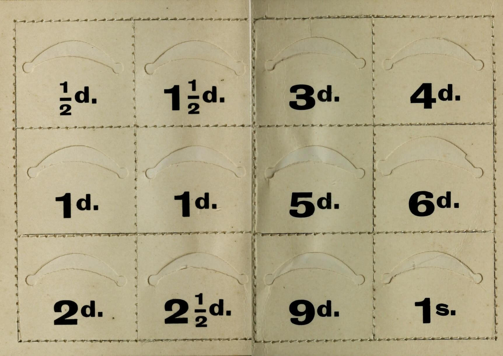 square pockets in three rows of four pockets, labelled with values from ½d. to 1s.