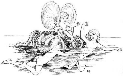 One fairy is sitting on a Nautilus, two are swimming in front of it.