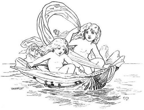 Two fairies are sitting in a shell swimming on the water.