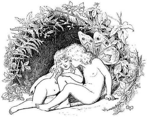 Two fairies with wings are sitting in a bower.