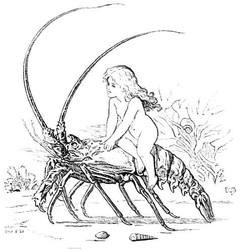 A fairy is sitting on a crayfish.