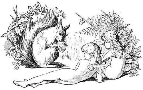 Two fairies with wings are sitting in front of a squirrel which is eating a nut.