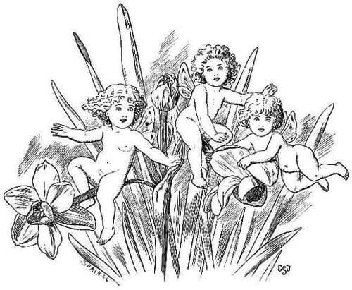 Three fairies with wings are climbing on flowers.