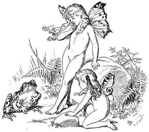 Two fairies with wings are standing and kneeling in front of a frog.