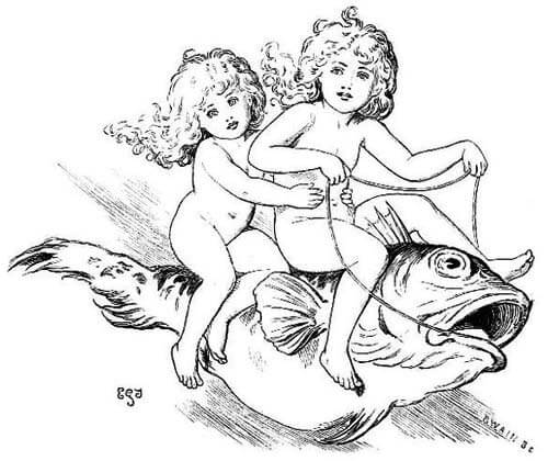 Two fairies are sitting on a fish, the first holding reins, the second holding on to the first one.