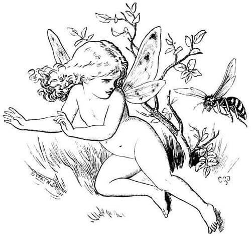 A fairy with wings is turning away from an approaching wasp.