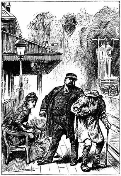 Lady Muriel is sitting on a bench at a railway-station, while the station-master is leading an old man away.