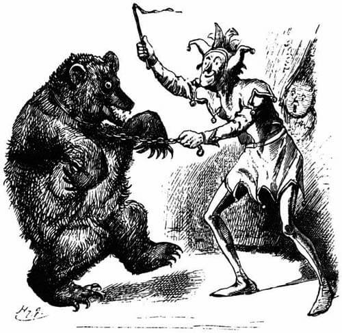 A Jester and a Bear, in the background the face of Uggug.