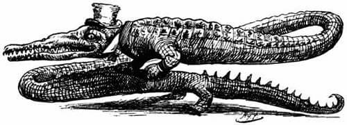 A crocodile with a hat is walking on itself.