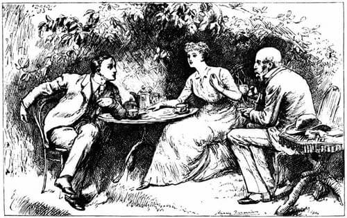 Arthur, Lady Muriel and the Earl at a tea-table.