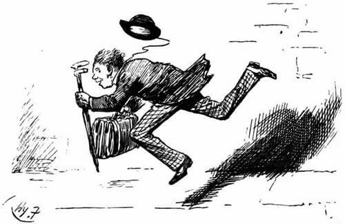 A boy with umbrella, hand-bag, and flying hat is running away.