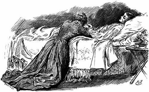 Arthur is lying in his bed, Lady Muriel kneeling next to him.