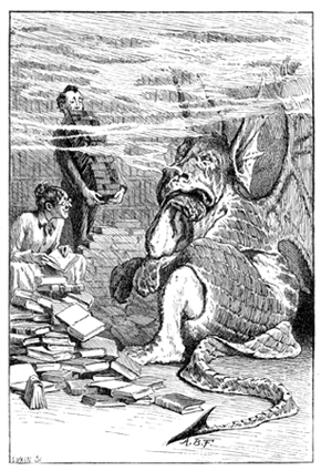 A dragon is sitting in the foreground, breathing out smoke. In the background a woman is sitting at a large pile of books, looking to the dragon, while a man brings even more books.