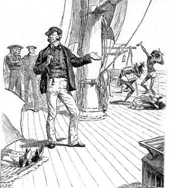 The deck of the ship with the Captain. Two people are hidden under an umbrella, only their feet visible, in the background three men are tearing their hair.