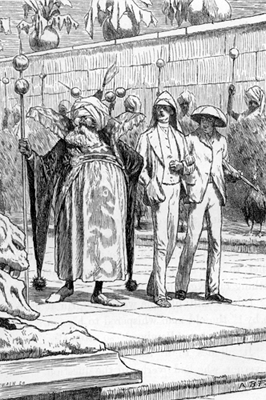 A large man with turban, gown and sceptre is leading two other men past a crowd.