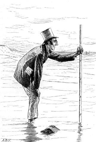 A man is standing in the sea and putting a rod with marks into it.