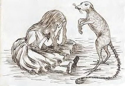 Alice sits on the ground crying, next to her a little animal.