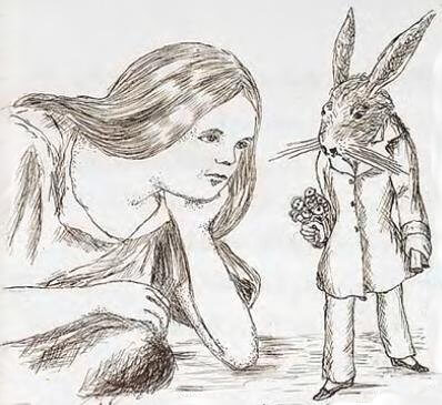 Alice next to the rabbit with the nosegay.