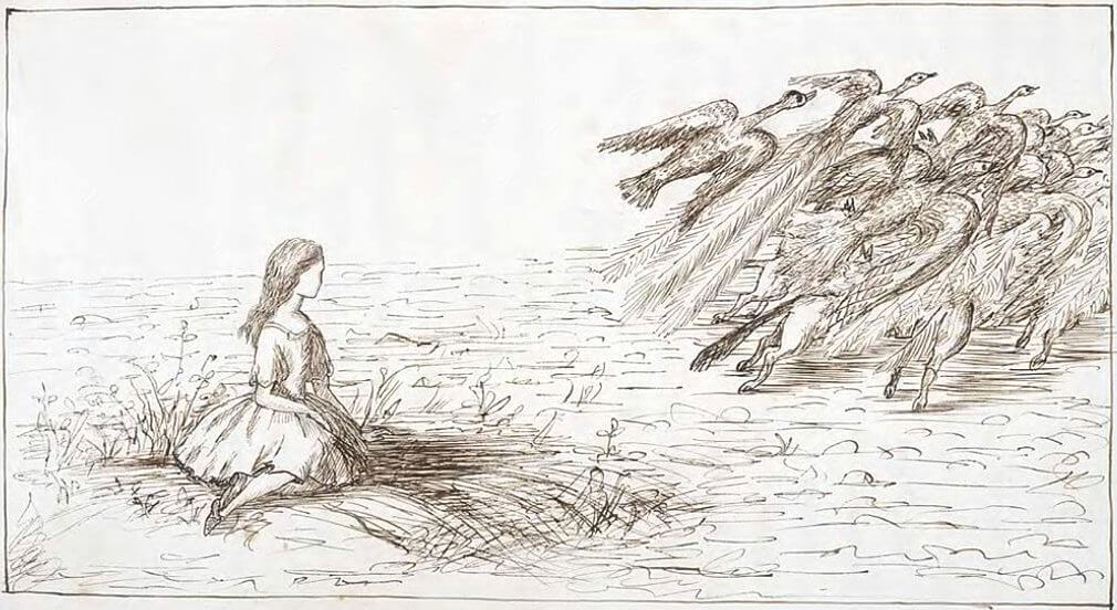 Alice sits on the ground, while the animals are fleeing away.