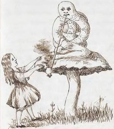 Alice is standing next to a mushroom on which a caterpillar is sitting and smoking.