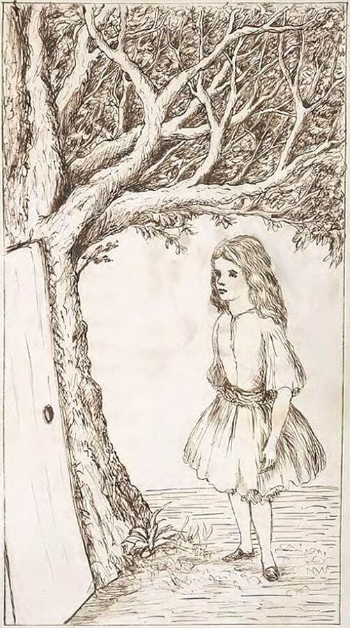 Alice is standing at a tree with a door.