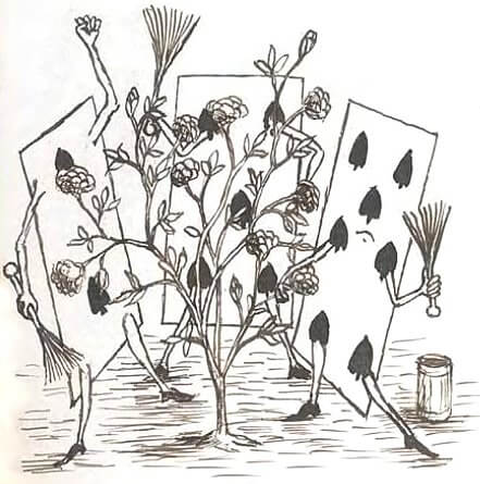 Three live Spade cards with brushes are standing around a rose-bush.