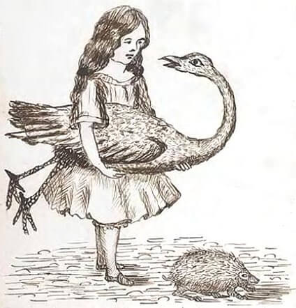 Alice with an ostrich and a hedgehog.