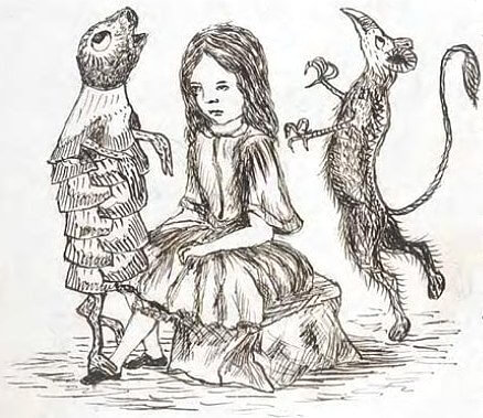 Gryphon and Mock Turtle are dancing around Alice.