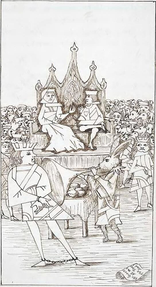 The King and Queen of Hearts are sitting in a large crowd, in the front the Knave of Hearts and the rabbit at a table with tarts.