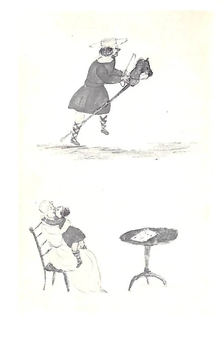 A boy on a hobby-horse. The same boy on the knees of a woman sitting on a chair next to a table with a parcel on it.