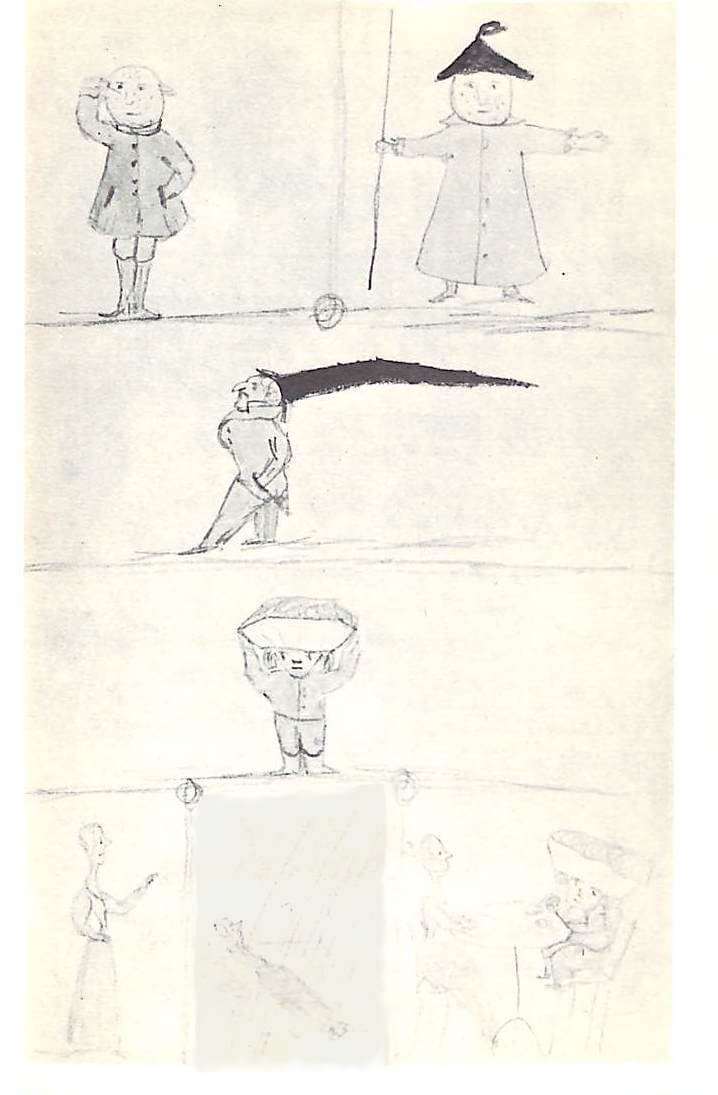 The image is divided into four parts: 1. A man making holes in his face with a needle, then dressed as beadle. 2. A man with a long pointy hat. 3. A short man with a hod on the head. 4. A woman sleeping in the rain, then sitting at a table with the man from 3, only he is eating.