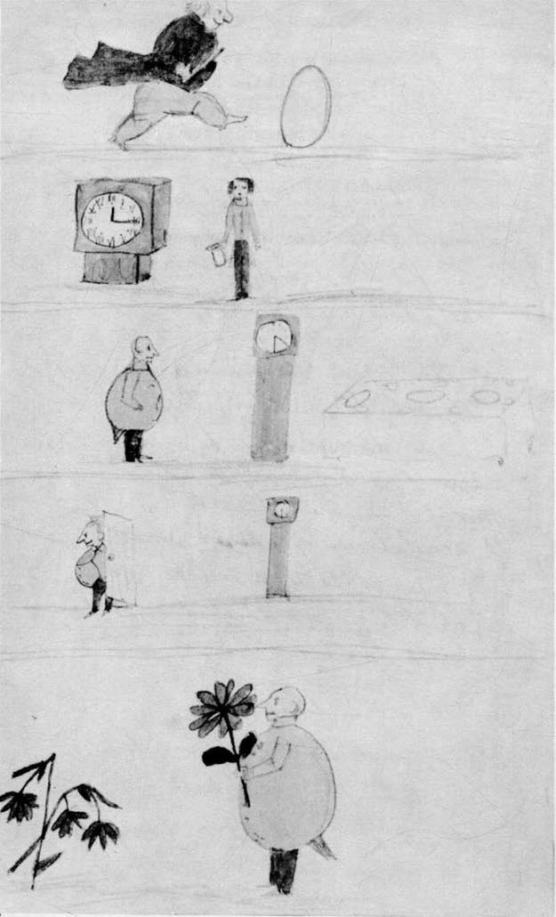 Several images of a man and clocks, in the last image the man carries a flower.