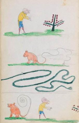 Several images of a man next to a gooseberry tree and a dog with a long tail.