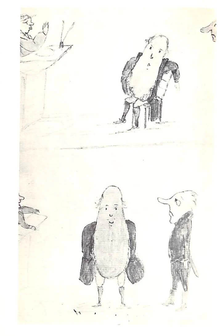 Drawings of a man with a very large chin, covering even parts of his legs.