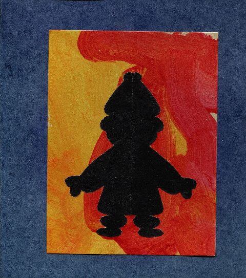 Einladungskarte mit schwarzem Männchen vor rot-gelbem Feuer auf blauem Untergrund