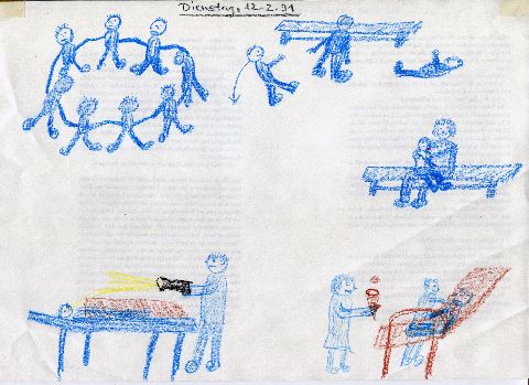 Erzählung mit fünf Bildern, hauptsächlich in blauer Farbe