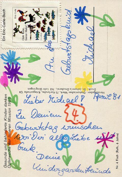 Postkarte mit obigem Text und vielen gemalten Blumen