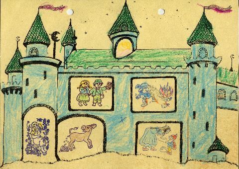 Karte mit einem Schloss mit fünf Stempeln zu verschiedenen Märchen, ausgemalt