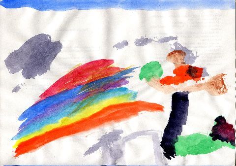 Wasserfarben-Bild mit Himmel, Wolke und Regenbogen