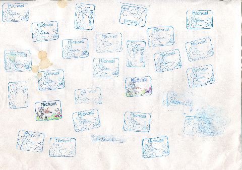 viele Stempelabdrücke mit meinem Namensstempel, einige davon ausgemalt
