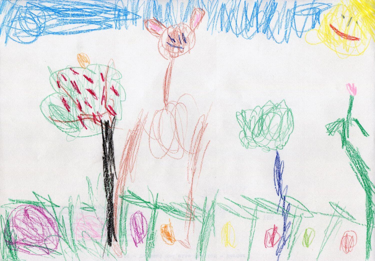 Wiese mit Bäumen, Hase und Ostereiern