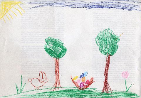 Wiese mit Bäumen, Hase und Osternest